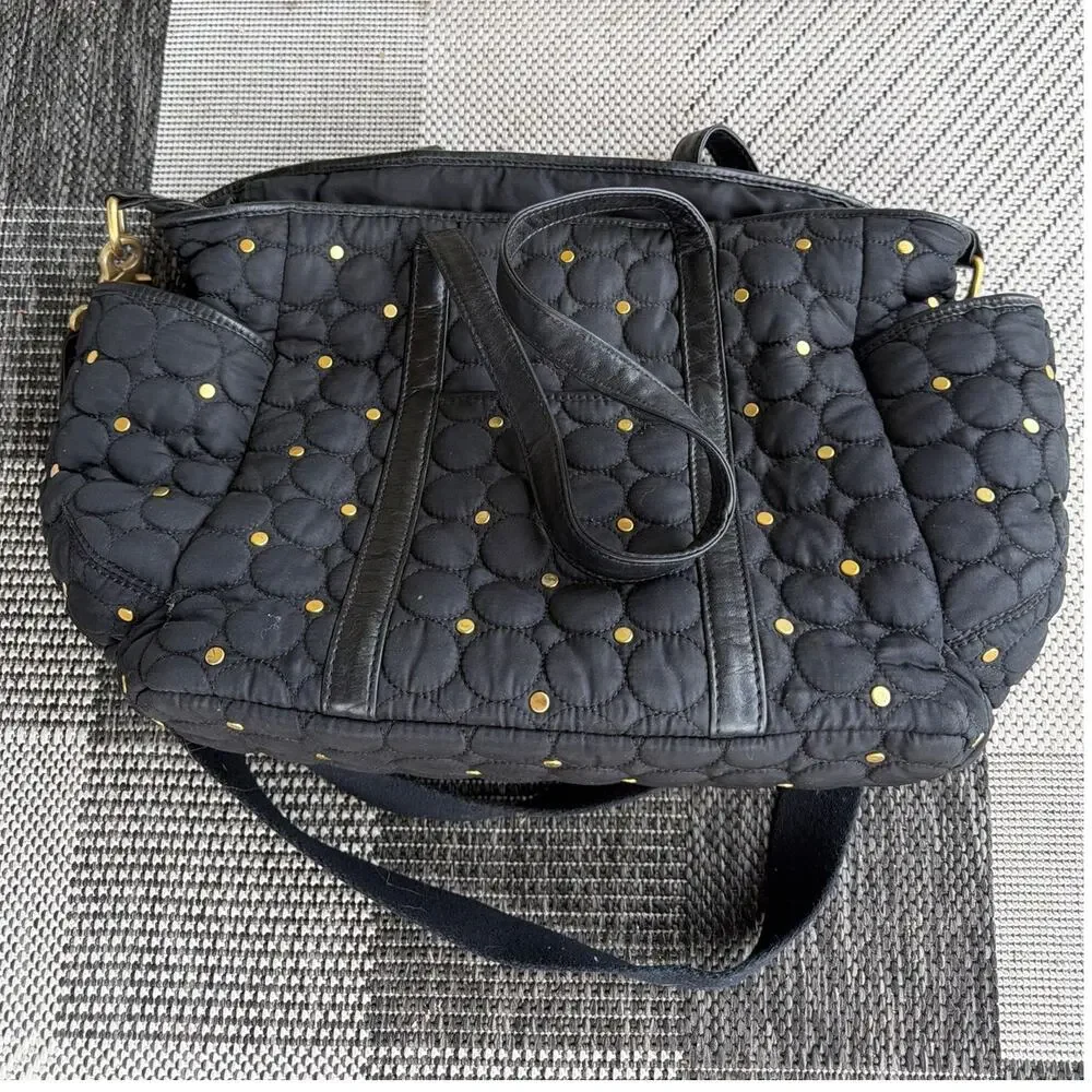 REBECCA MINKOFF Marissa Quilted Baby Bag Black Nylon Gold-Toned Studs Zip Top - Picture 6 of 9